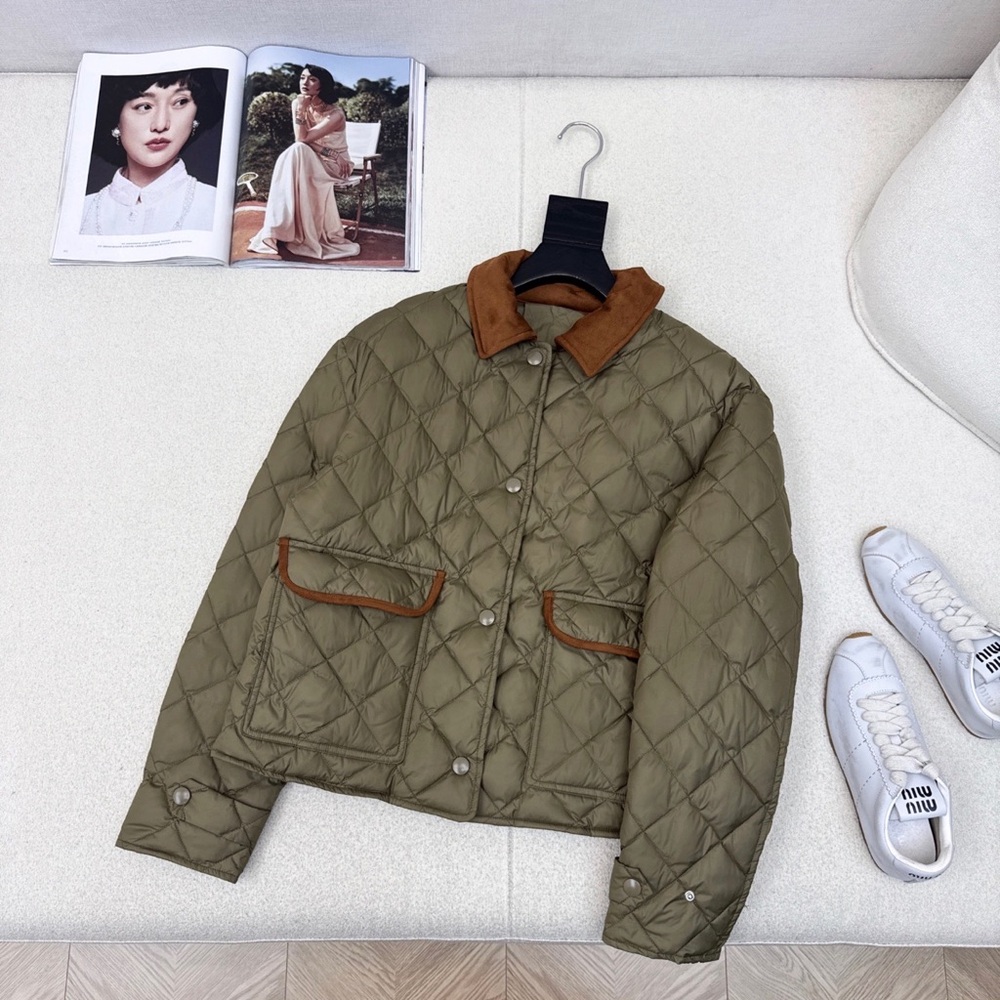 Miu Miu Olive Puffer Jacket with Brown Details